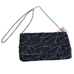 NWT Sfera Femme Black Beaded Evening Bag Handbag Clutch purse Chain Elegant B16